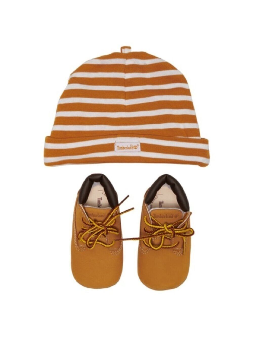 Size 3 Baby Timberland Tan Baby Shoes and Striped Hat Set